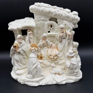Vintage Porcelain Nativity Scene Gold Trim‎ Christmas Religious Decoration Large